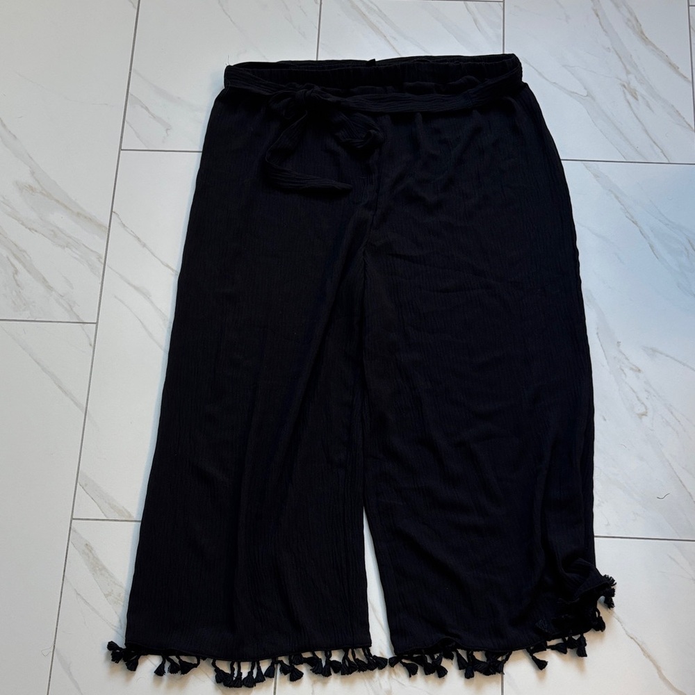 SHEIN Black Boho Maternity Wide Leg Capris Pants Size XL with Tassel Detail